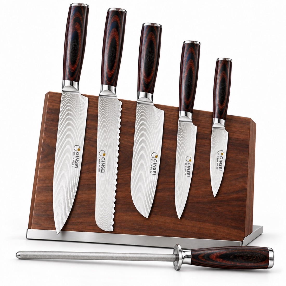 The full GINSEI Damascus knife set on a walnut magnetic block